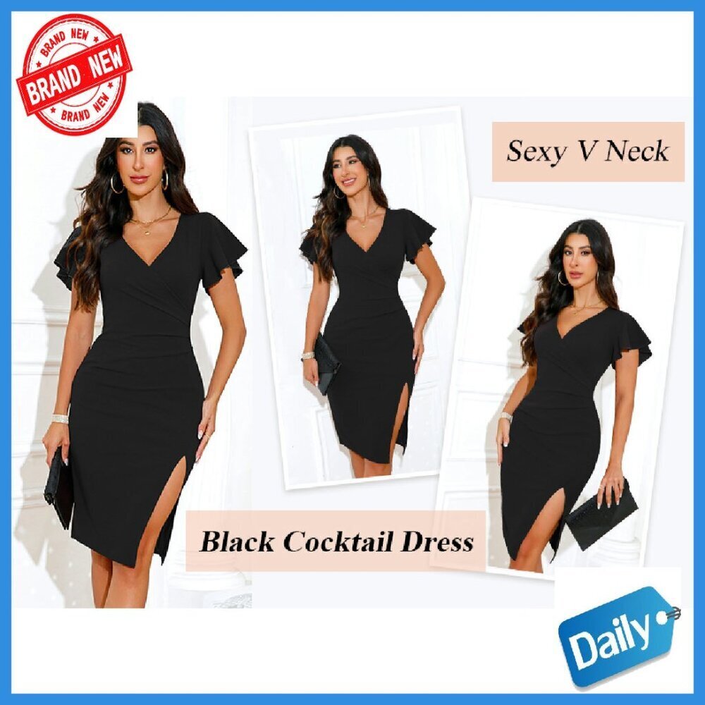 V-Neck Wrap Ruffle Sleeve Ruched Bodycon Slit Cocktail Dress - Picture 8 of 8